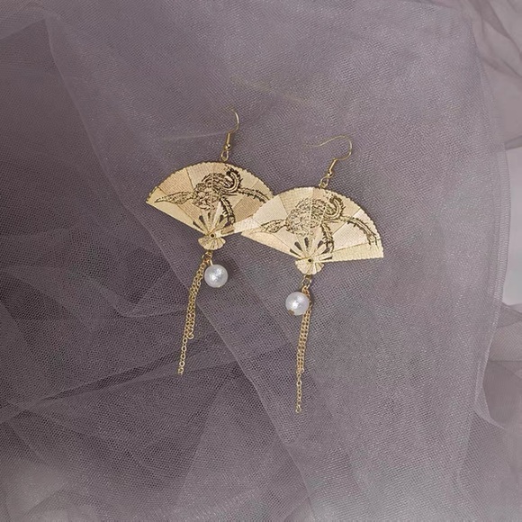 Golden Fan Earrings Antique Asian Art Tassels - Picture 5 of 14